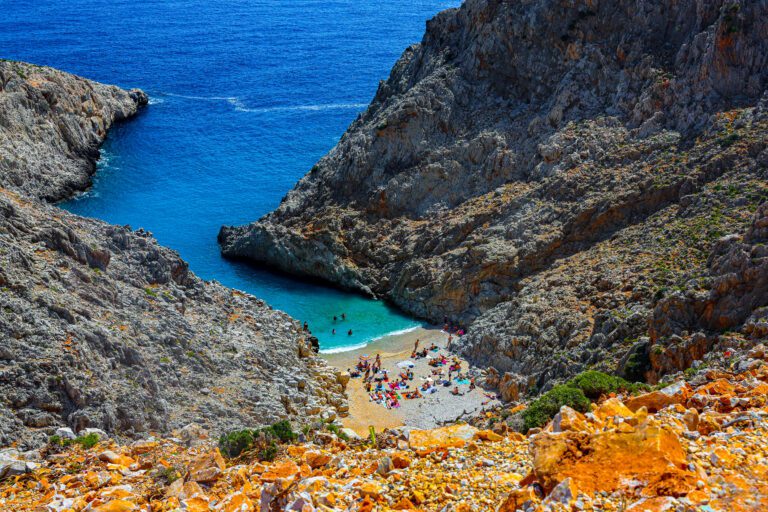 Seitan Limania in Crete, Greece: A stunning, turquoise cove with a backdrop of picturesque cliffs, offering a captivating natural landscape.