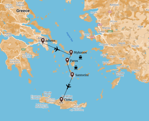 15-Day Greece Vacation Itinerary Map
of Athens, Mykonos, Paros, Santorini, and Crete
