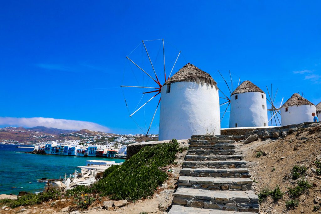 Scenic view of Mykonos greece with windmills