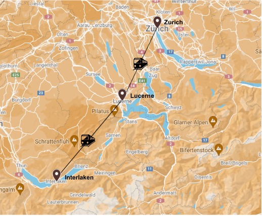 Map of Switzerland with trains showing the Itinerary of Zurich, Lucerne, and Interlaken